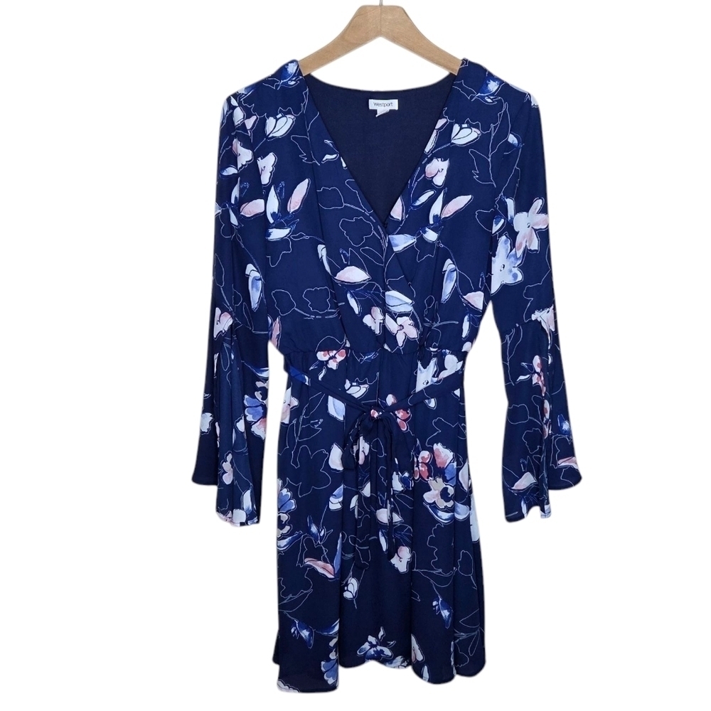 Westport Navy Blue Pale Pink White Floral Dress Split Flared Sleeves Size 4